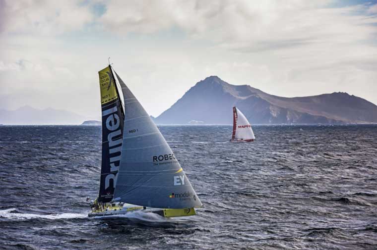 Brunel and MAPFRE are neck-and-neck as they round Cape Horn. Photo courtesy of VOR/Rick Tomlinson